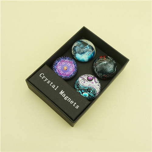 Gift Set of 4pcs 35mm Round Glass Crystal Fridge Magnets with Printing Pattern
