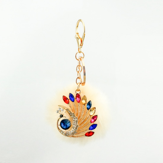 Jeweled Peacock Keychain with a Fluffy Ball