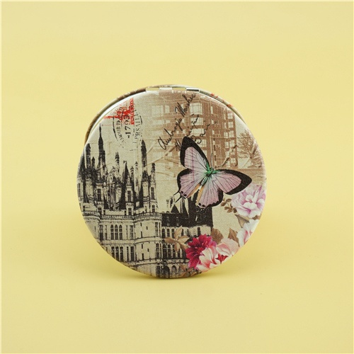 Round butterfly picture compact mirror/PU compact mirror