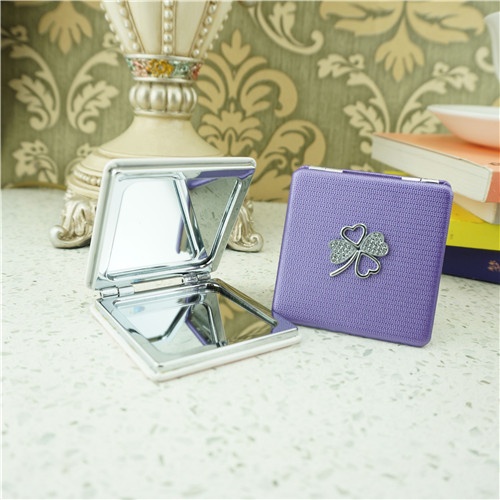 PU compact mirror/metal Four-leaf Clover promotion PU compact mirror