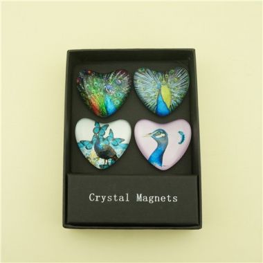 Strong Rubber Magnets with Heart-shaped Glass and Printed Peacock Pattern