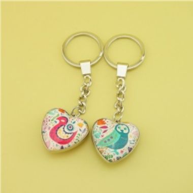 Heartshaped Dome Glass Keychain - Birds