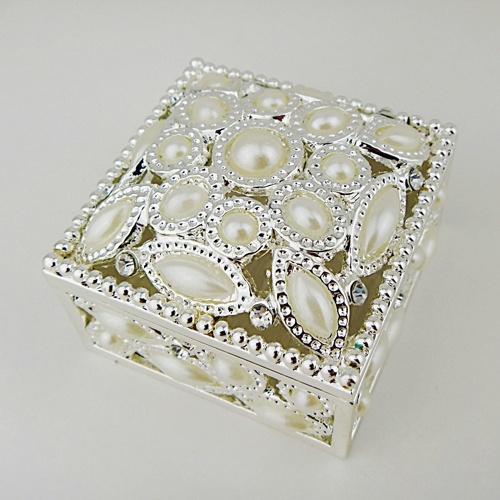 Silver Jewelry Trinket Box/Pearl/Square